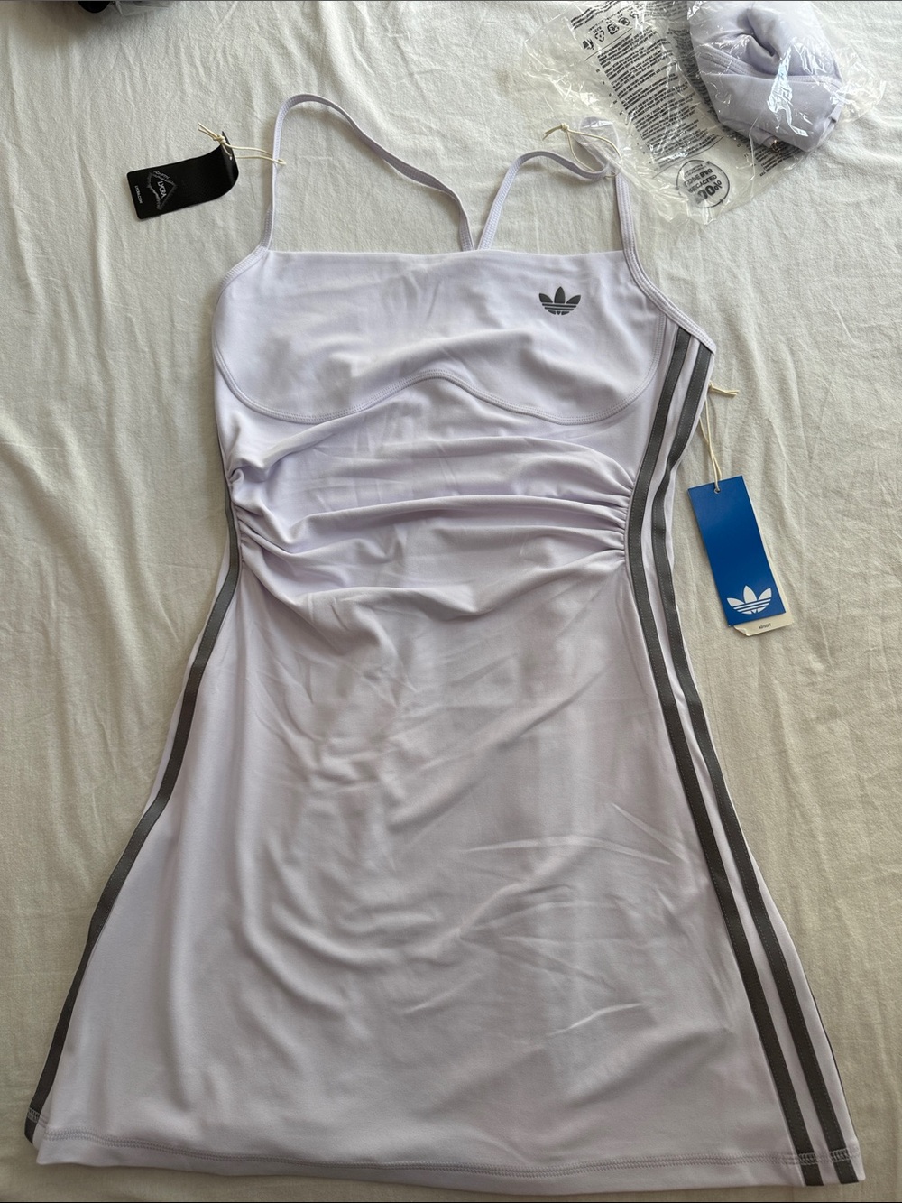 adidas Lavender Ruched Mini Dress with Side Stripes